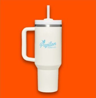 Papillon Drinkware - The Papillon logo on a white tumblr stanley drink travel mug