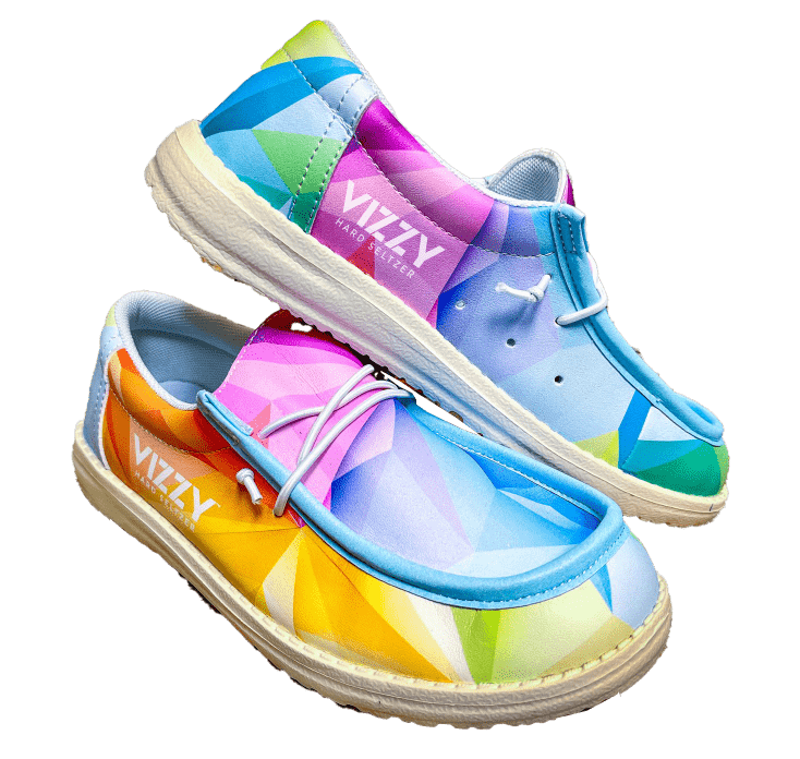 Custom Promotional Product - rainbow shoes with the Vizzy Hard Seltzer logo on it