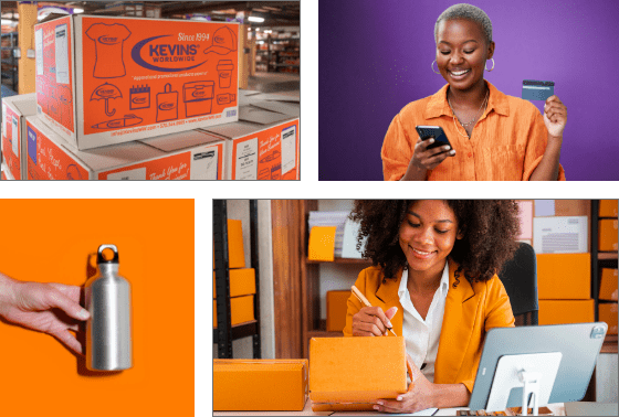 Collage of images: A stack of Kevins Wordwide boxes in a warehouse; a smiling woman holding a phone in one hand and a credit card in another; a hand holding a metal water bottle; a smiling woman writing on a box